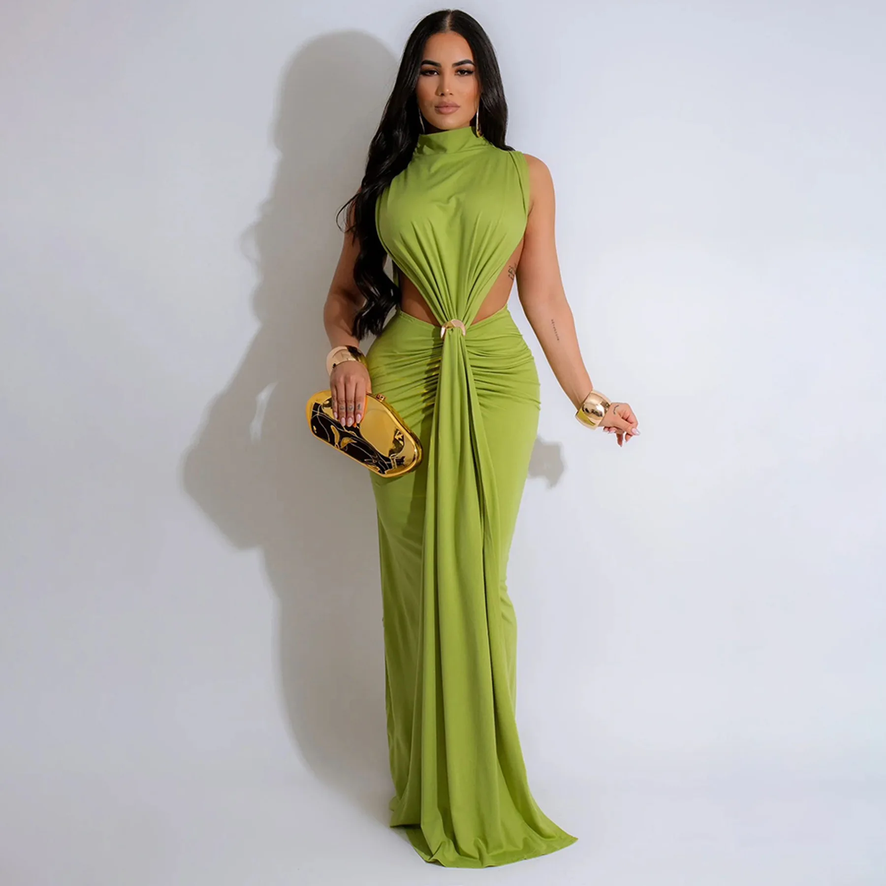 

2024 Summer Sexy Hollow Out High Split Long Evening Dress Women Solid Sleeveless Pleated Slim Elegant Robe Lady Club Party Gowns