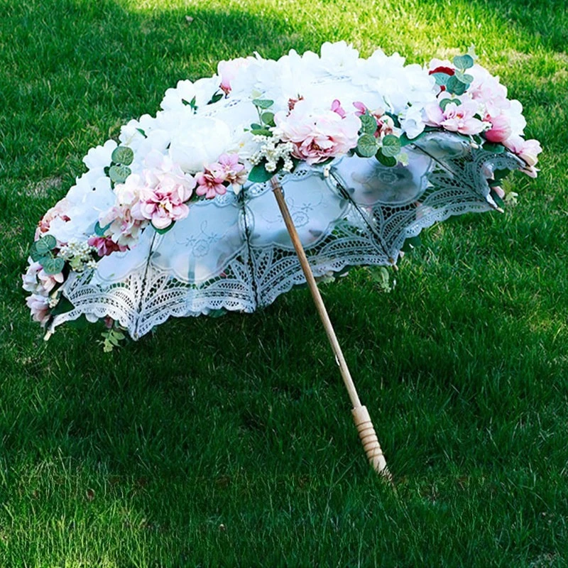 White Vintage Lace Floral Parasol Lolita Bridal Wedding Umbrella DIY Shooting Scenic Decoration Prop