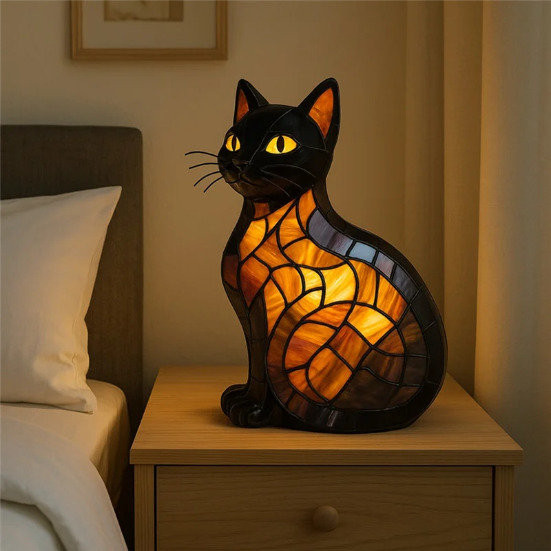 A03F-Retro Stained Glass Cat Lamp Cats Stained Resin 3D Cute Tabletop Pet Led Table Light High Quality Home Bedroom Lighting