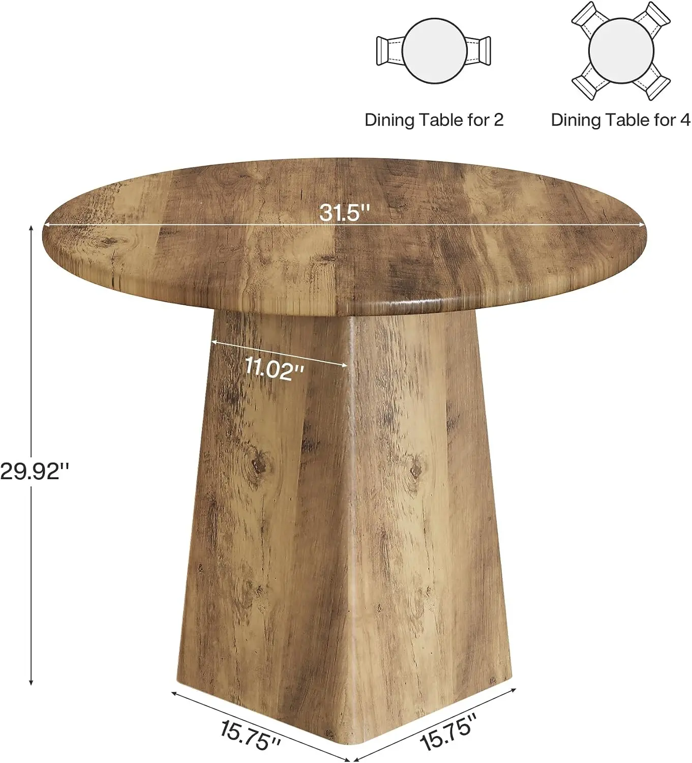 31.5-Inch Round Dining Room Table for 2-4, Farmhouse Small Kitchen Dinner Table with Square Base for Dining Room Living Room, Rustic Brown