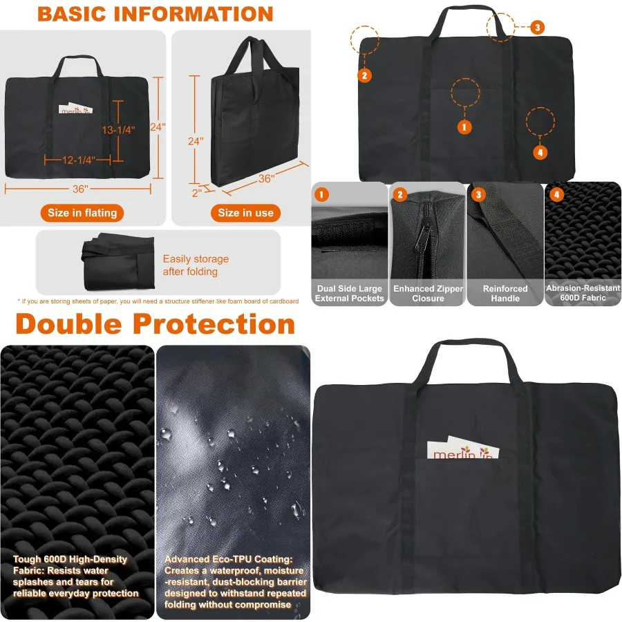 Cupohus Waterproof Art Portfolio Bag 25 x 37 for 24 x 36 Artworks with Outer Pockets and Handle Ideal for Student Art Storage P