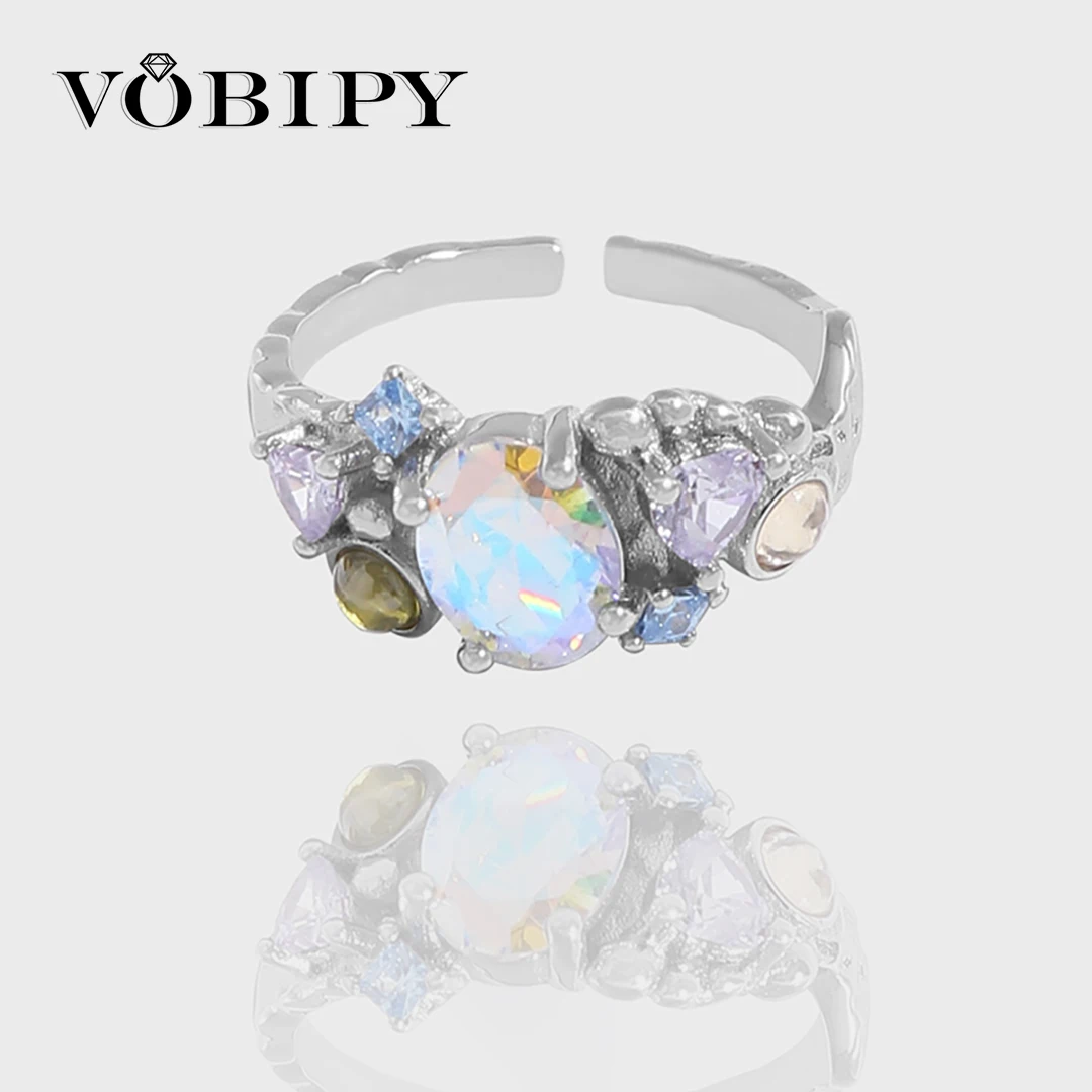 

VOBIPY кольцо из стерлингового серебра 925 пробы с драгоценным камнем для женщин, регулируемое открытие, натуральный лунный камень, винтажные разноцветные ювелирные изделия с цирконом в сумерках