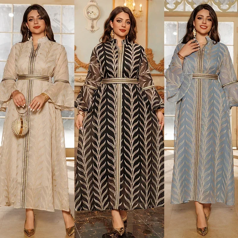 

Арабское платье-абайя с вышивкой для женщин, макси-платье для мусульманских праздников, вечерний наряд с расклешенными рукавами, арабские платья Ближнего Востока, исламская одежда.