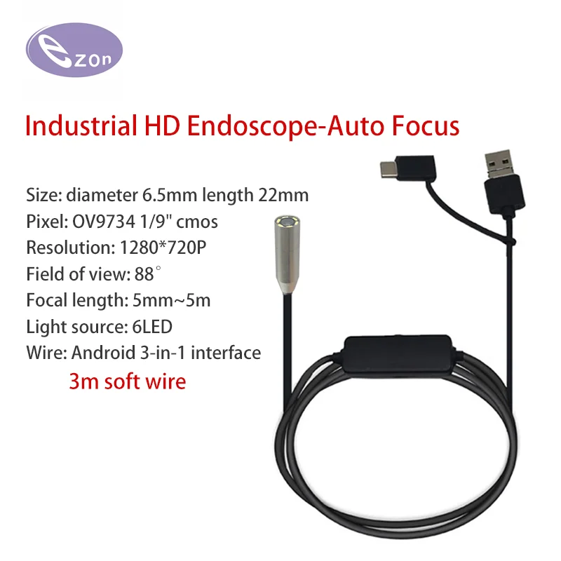 1MP USB Auto Focus Endoscope Diameter 6.5mm FOV88゜ IP67 Waterproof  3m 3 in 1 Soft Cable Industrial Endoscope