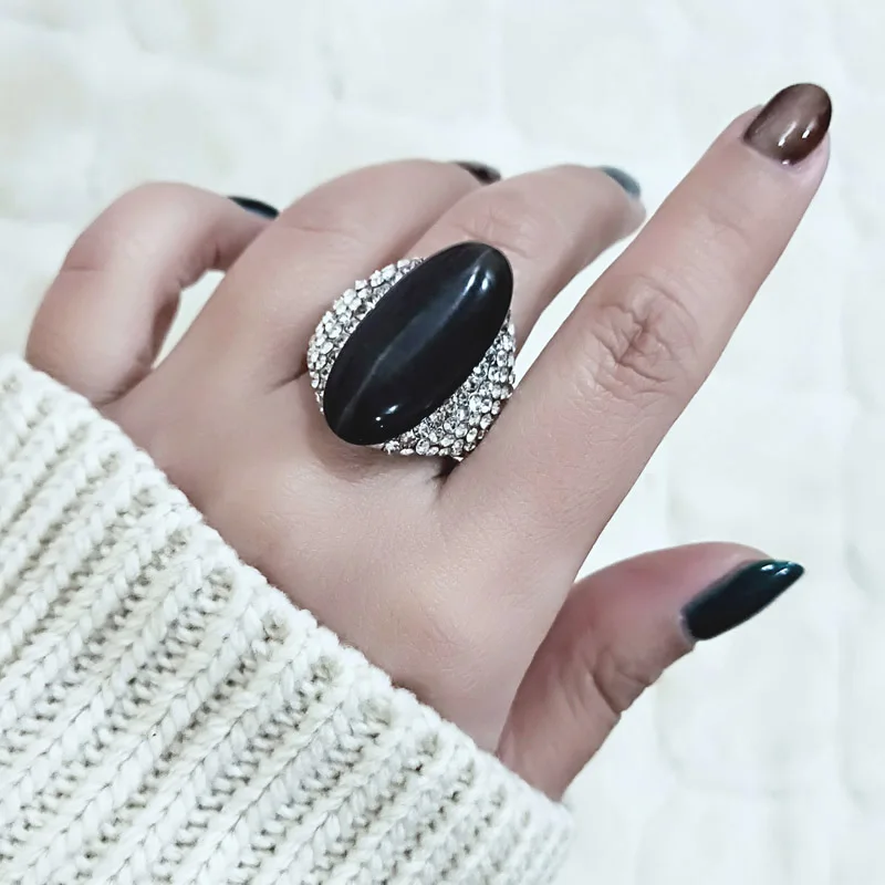 SINLEERY Vintage Big Black Opal Stone Shuttle Rings For Women Size 6 7 8 9 10 Silver Color Ring Wedding Party Jewelry JZ512