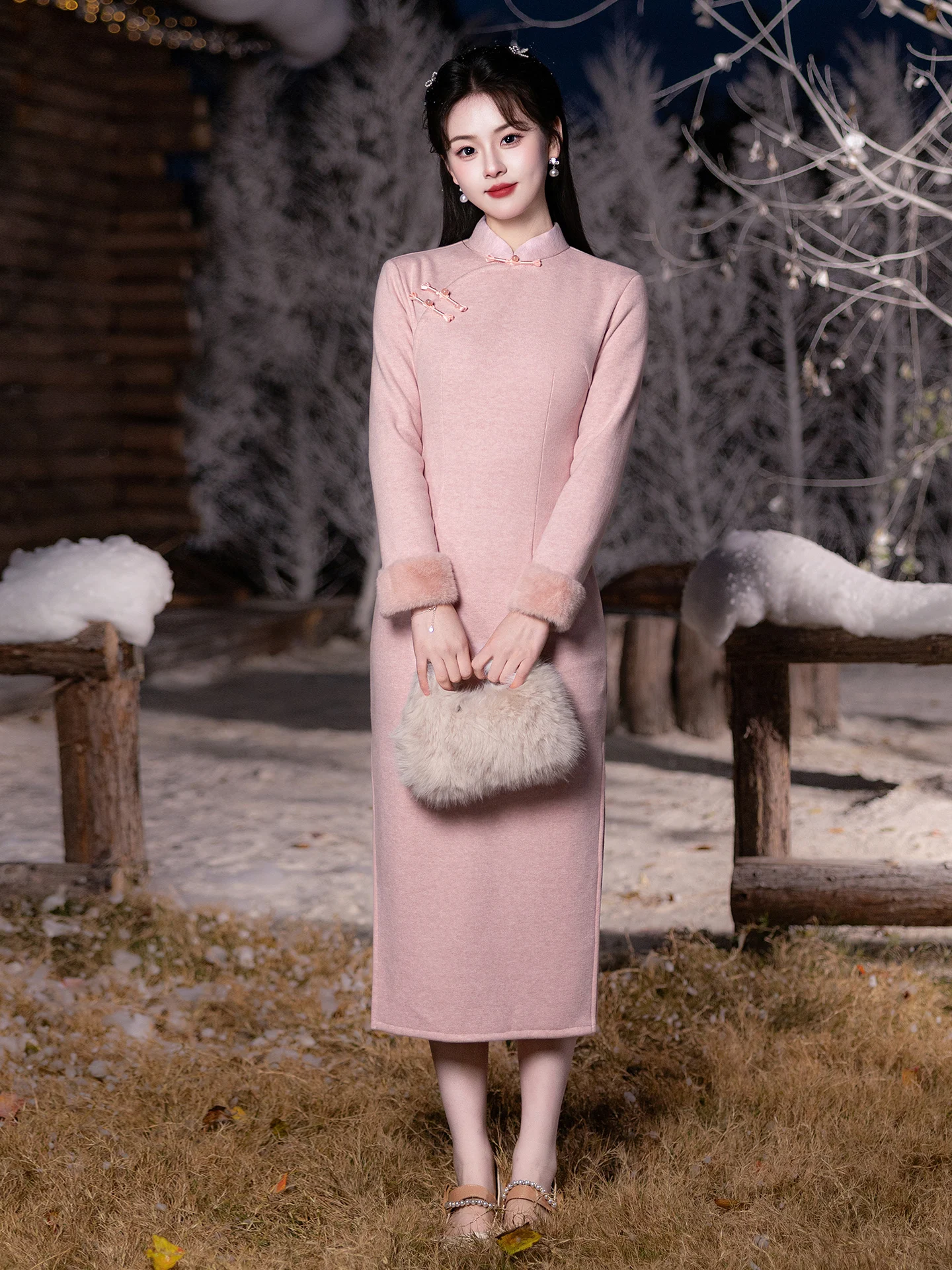 

Розовое платье-ципао с утепленной флисовой подкладкой, в ретро-стиле, свадебное, с длинными рукавами, макси-платье для повседневной носки, в традиционном китайском стиле