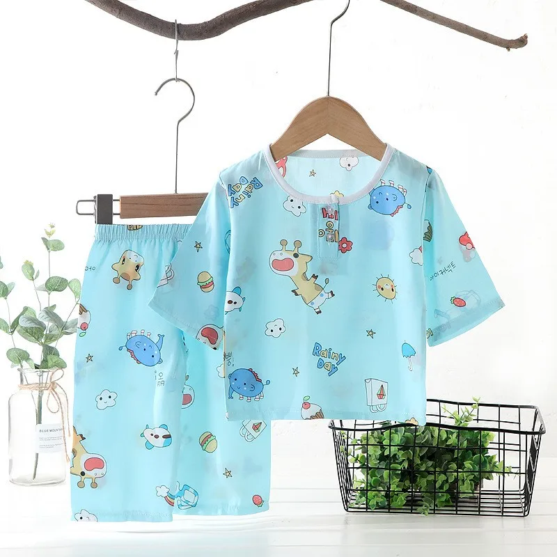 2023 New Children\'s Summer Pajamas Boys Girls Cotton Silk Three-quarter sleeve Suit Baby Thin Section Clothes Kids Home Clothe