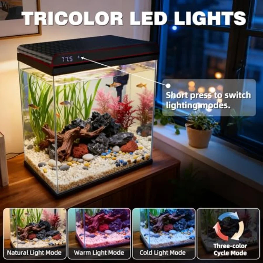 10 Gallon Glass Fish Tank for Home Aquarium Use, Clear Glass, Blue/Red/White LED Lights, Self-Cleaning with Quiet Filter Pump T