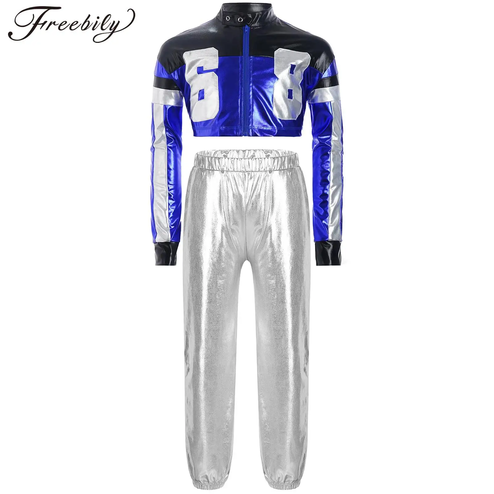 Girls Shiny Metallic Jackets Long Sleeve Crop Tops with Joggers Pants Modern Jazz Hip-hop Dance Costumes Performance Dancewear