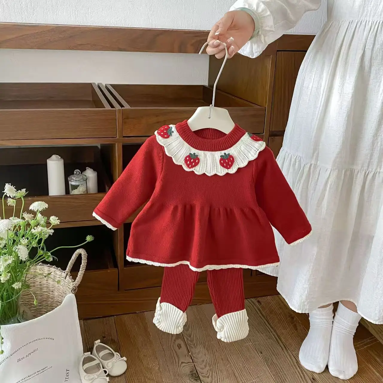 New Autumn 2 Pcs Outfit For Baby Girls Stylish Sweet Knitted Embroidered Dress With Spliced Leggings Kids Casual Set