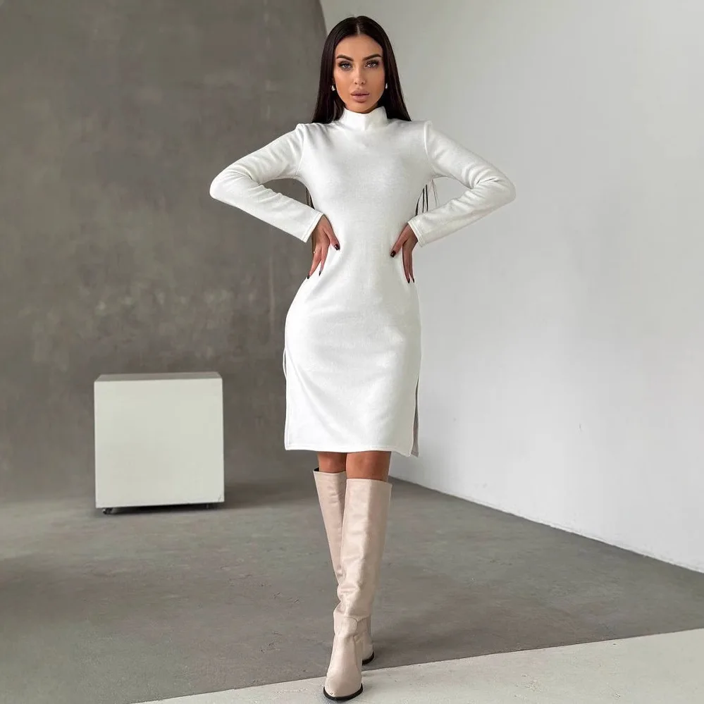 Europeu e americano sexy de alta qualidade vestido de cor sólida hepburn vento menina de gola alta de manga comprida magro saia longa vestido feminino