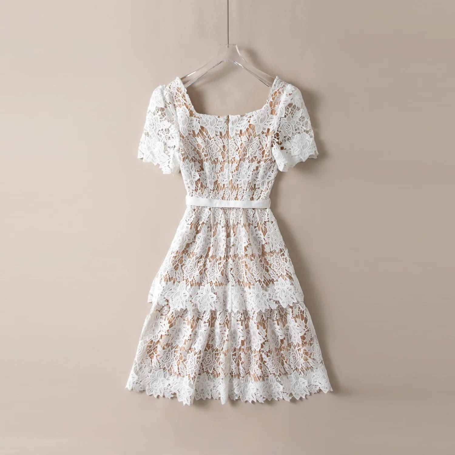 European and American women's clothing new summer Square collar Short sleeve hollow embroidery Fashion Belt dress