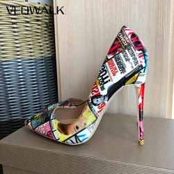 Veowalk Magazine Print Women Pointy Toe High Heel Shoes 80 100 120 Sexy Designer Stiletto Pumps for Party Big Size 43 44 45