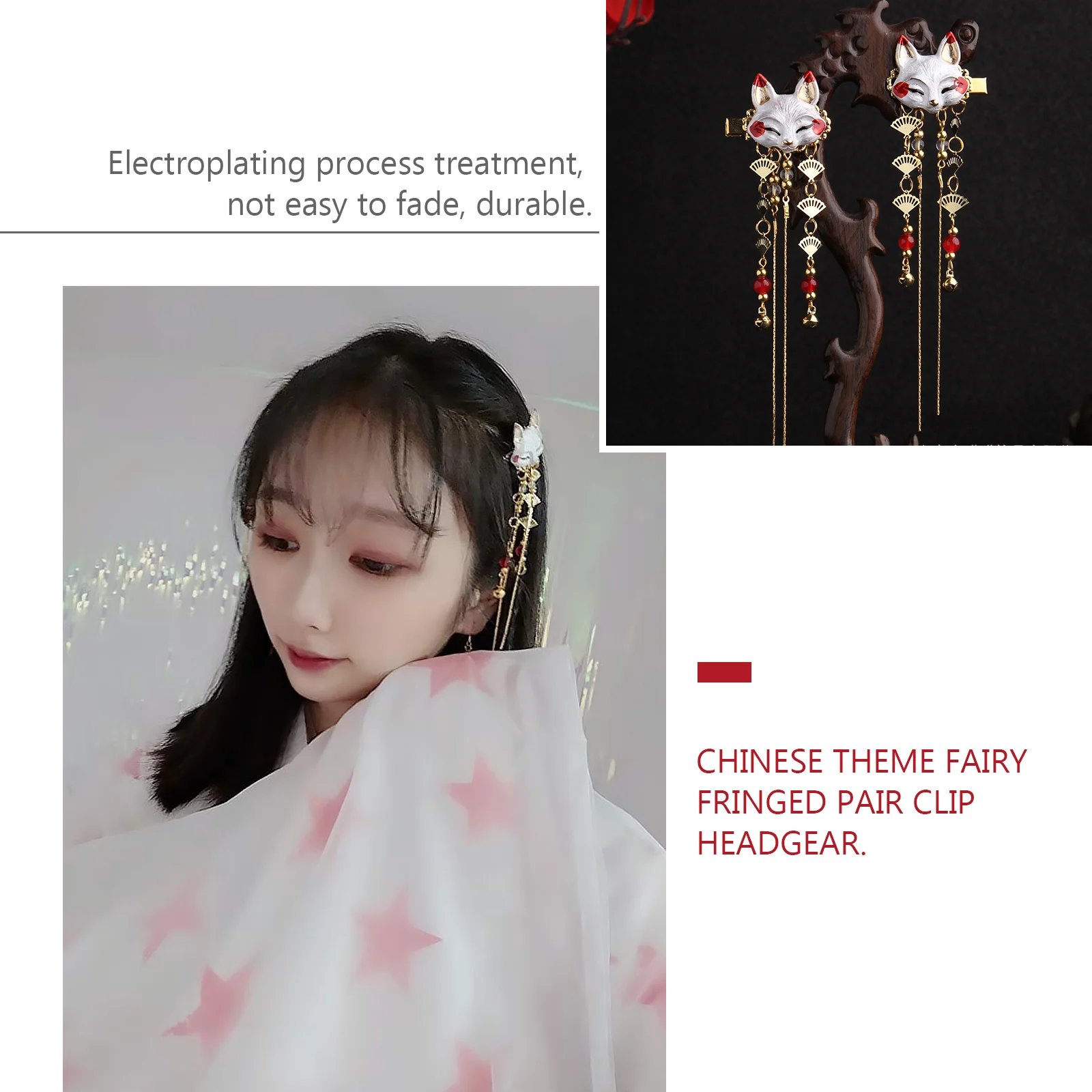 2 Pcs Pair Clip Fox Tassel Bride Japanese Hair Pin Chinese Alloy Asian Accessories Fairy Clips