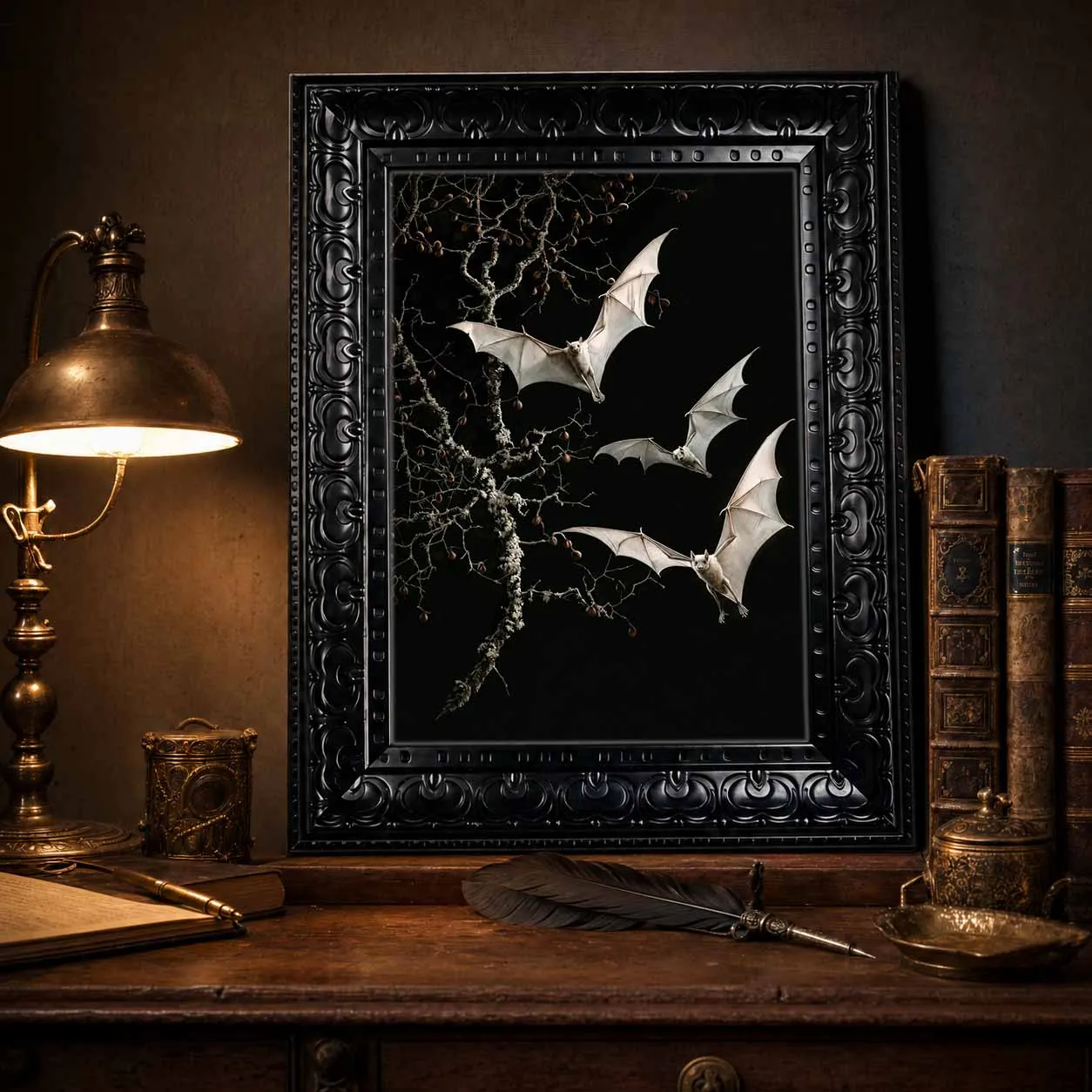 Halloween Wall Art Gothic Dark Academia Bat Decor Framed Canvas Wall Art for Living Room Bedroom Haunted House