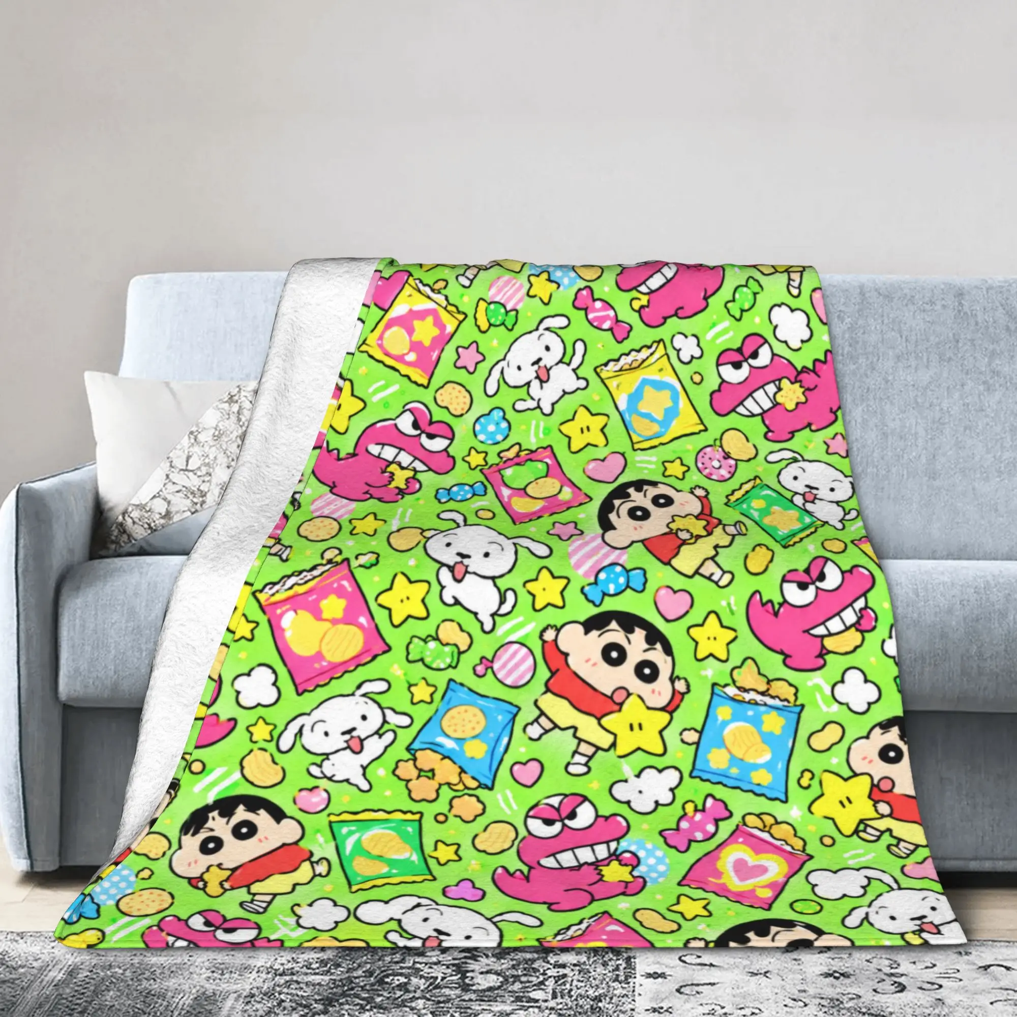 Crayon Shin-chans Green Cute Collage Warm Blankets  Boy Girl Plush Bedding Throws Bedroom Flannel Bedspread Sofa Bed Cover