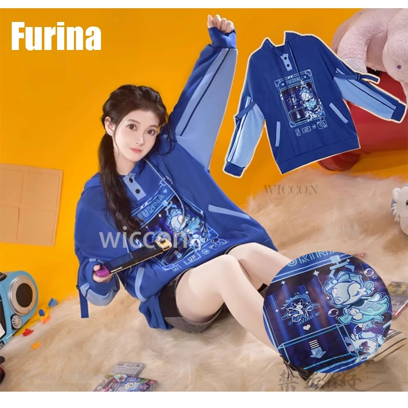 

Furina Roleplay Tonjin Original Handmade Cosplay Costume Kawaii Blue Top Hoodie Furina Halloween Party Anime Game Genshin Impact