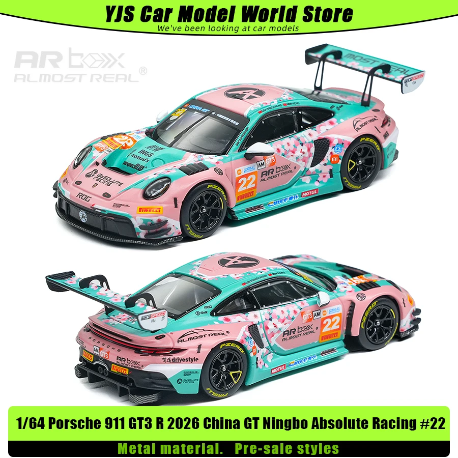 AR BOX Model odlewany ciśnieniowo 1/64 Porsche 911 GT3 R 2026 China GT Ningbo Absolute Racing # 22 Modeli Samochodów do Kolekcjonowania