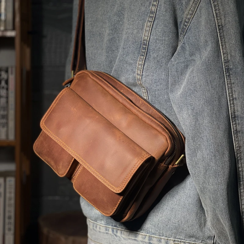 The new little boy bag crazy horse leather messenger bag leather retro casual messenger bag first layer leather shoulder bag