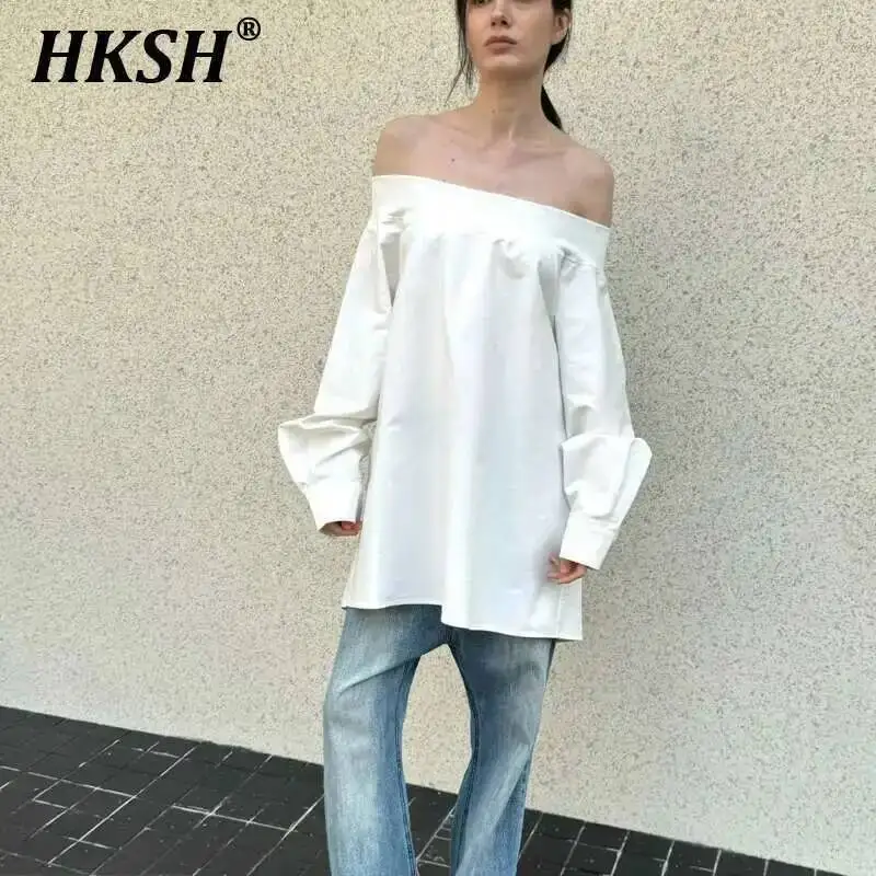 

HKSH Spring Summer New Women Tide Punk Cotton Shirts Texture Long Sleeve Slash Neck Shirt Off Shoulder Niche Design Tops HK3995