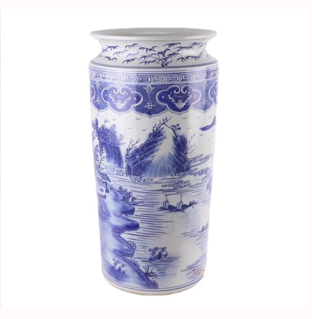 Antique Hand-painted Blue and White Landscape Large Floor Vase Indoor Ceramic Umbrella Stand for Home Decor