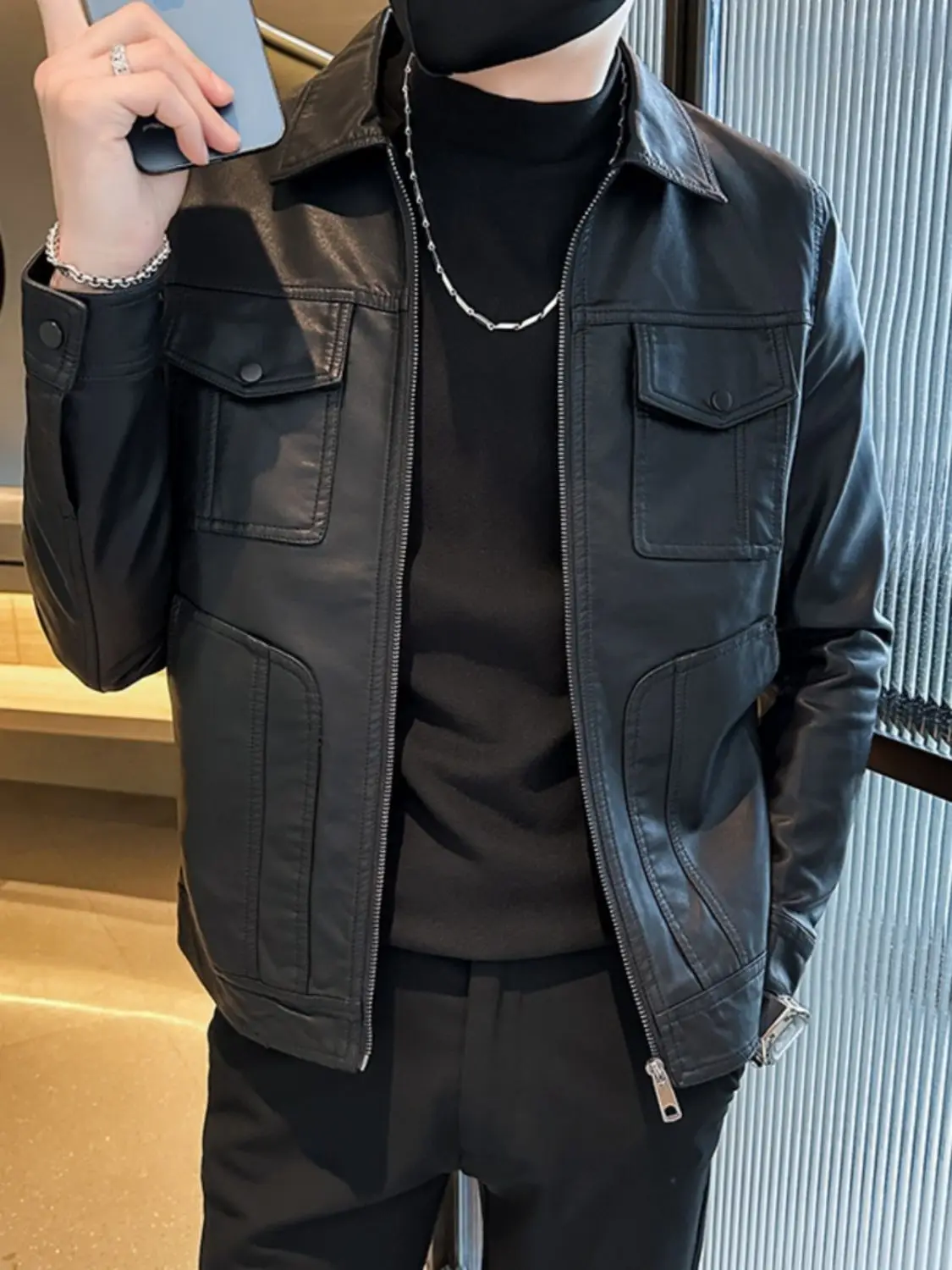 Spring and Autumn 2026 Leather Men's Korean Trend Slim High-end Locomotive Leather Trendy Lapel Handsome Black Men's Jacket