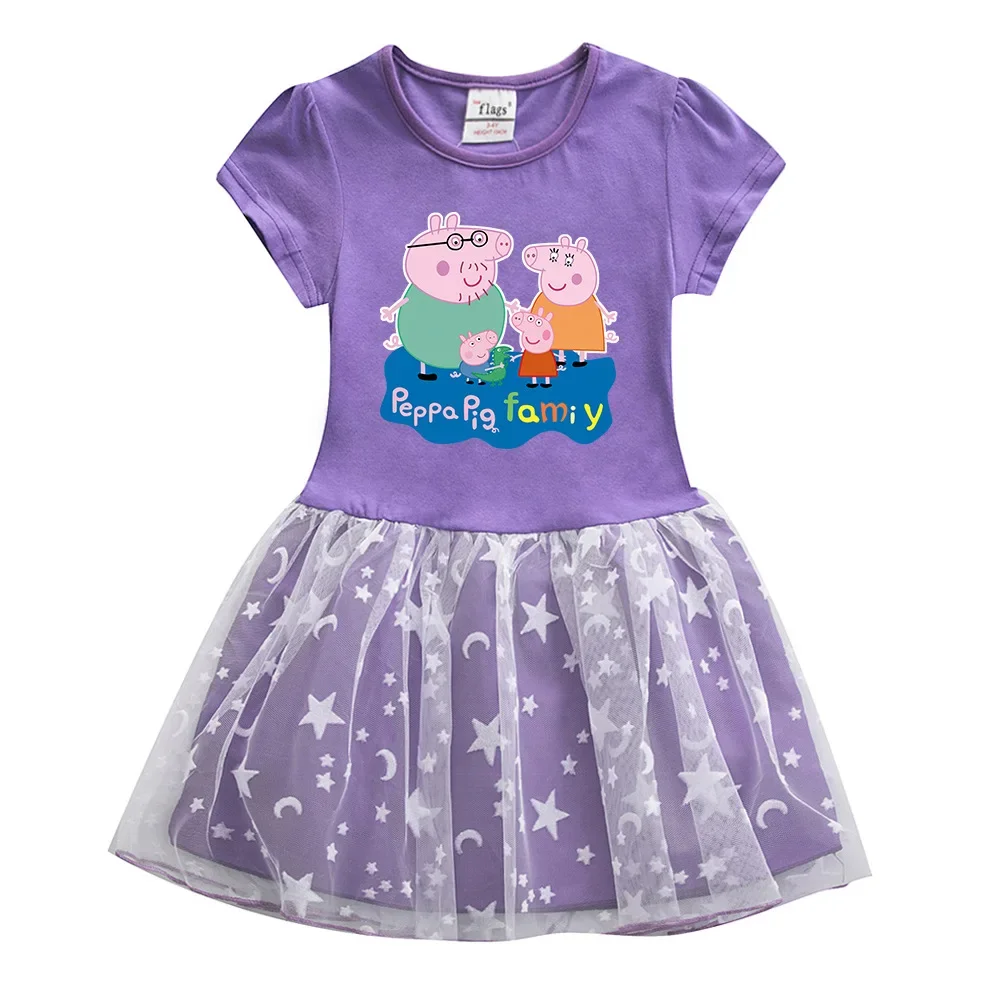 Vestido de princesa de manga corta de Peppa Pig, muñeca de actividad, juguete, familia de cerdos, patrón de dibujos animados, regalo de verano para