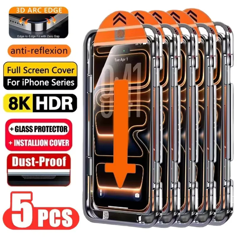 5PCS Easy Install HD Screen Protector For iPhone 17 16 13 Pro Max 11 15 14 16e 12 Mini XR X Xs 7 8 Plus Air Tempered Glass