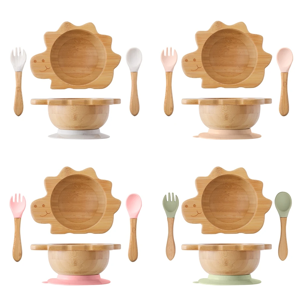 Baby 3pcs Wooden Tableware Set Kids Sun Bamboo Bowl With Suction Bowl Silicone Infant Wooden Handle Fork Spoon Feeding Supplies