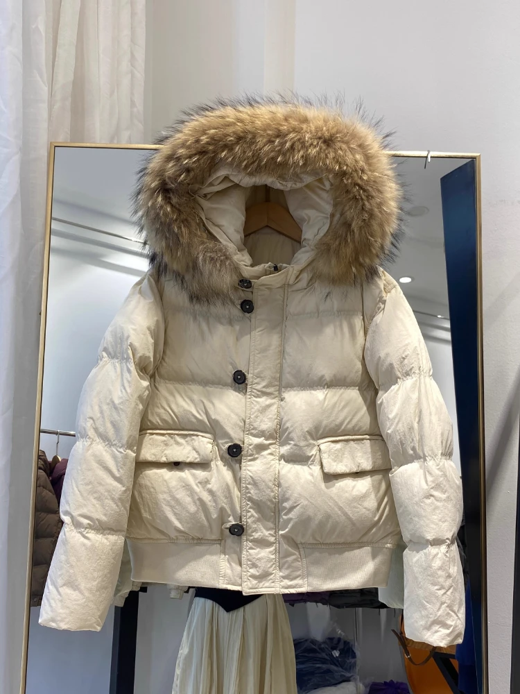 Super Große Echt Waschbären Pelz Kragen Unten Jacke Winter 90% Weiße Ente Puffer Mantel Frauen Lose Verdickt Warme Beiläufige Kurze Parkas