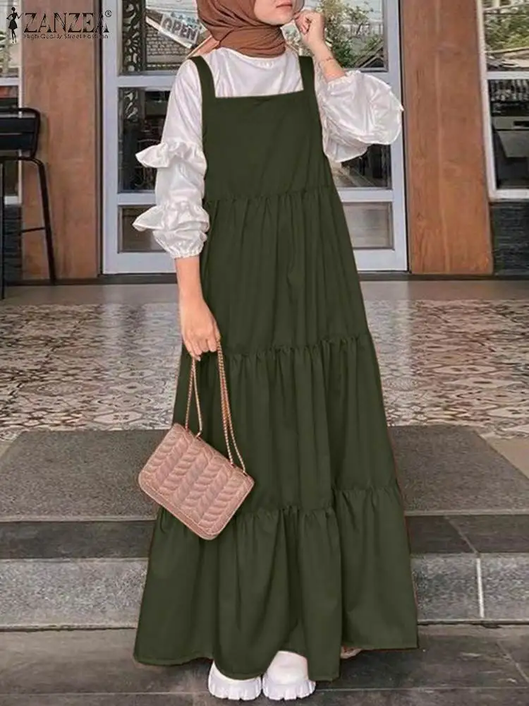 2023 ZANZEA Elegant Muslim Women Straps Dress Turkey Abaya Hijab Maxi Long Dresses Autumn Solid Ruffles Vestidos Sundress Robes