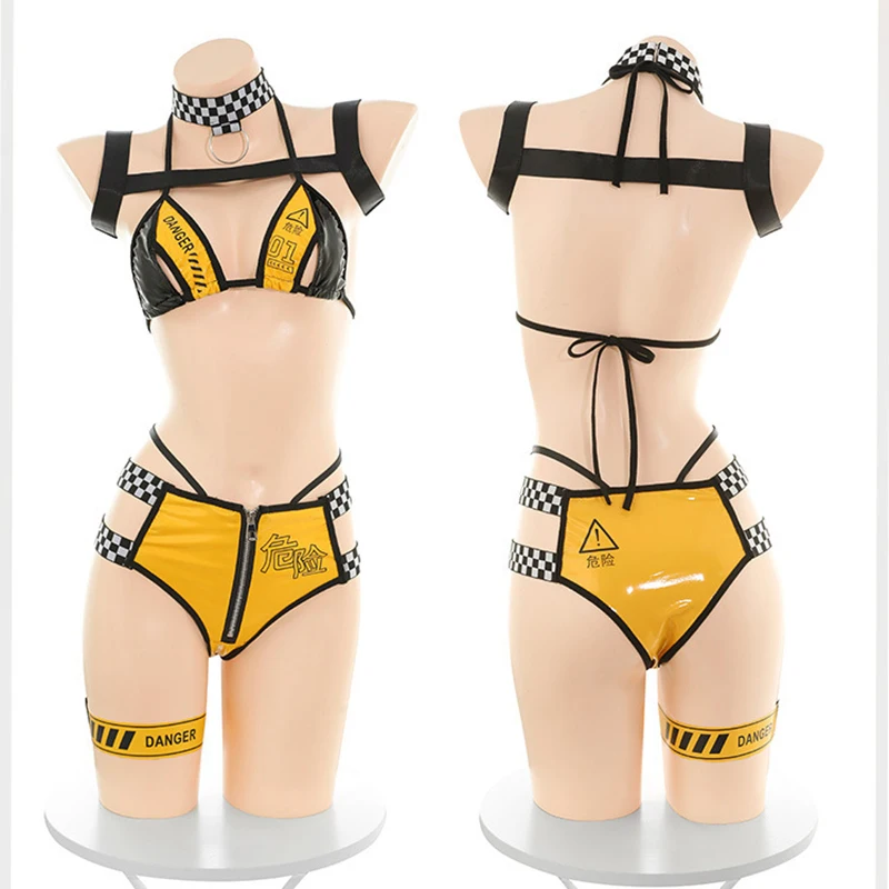 

Women Sexy PU Leather Race Queen Uniform Racing Bikini Beach Clothes Halloween Party Role Play Outfit Pure Desire Split Set