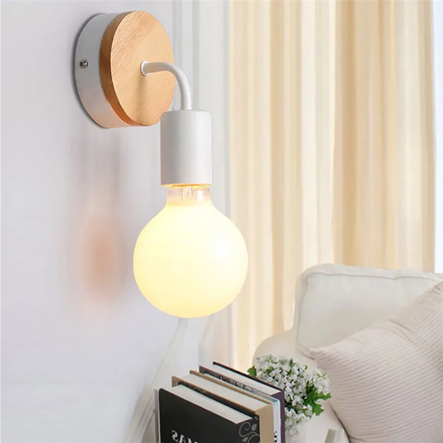 Wood Wrought Iron Wall Lamp Modern Minimalist Wall Lights Fixture E27 For Living Room Home Indoor Sconces Lighting Decorative