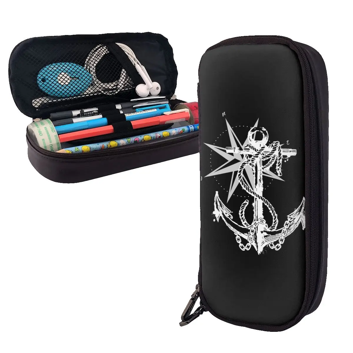 Nautical Compass Captain Anchor Boat Leather Pencil Case Pencil Pouch Storage Large Capacity Pen Box Pencil Bag for Kids School