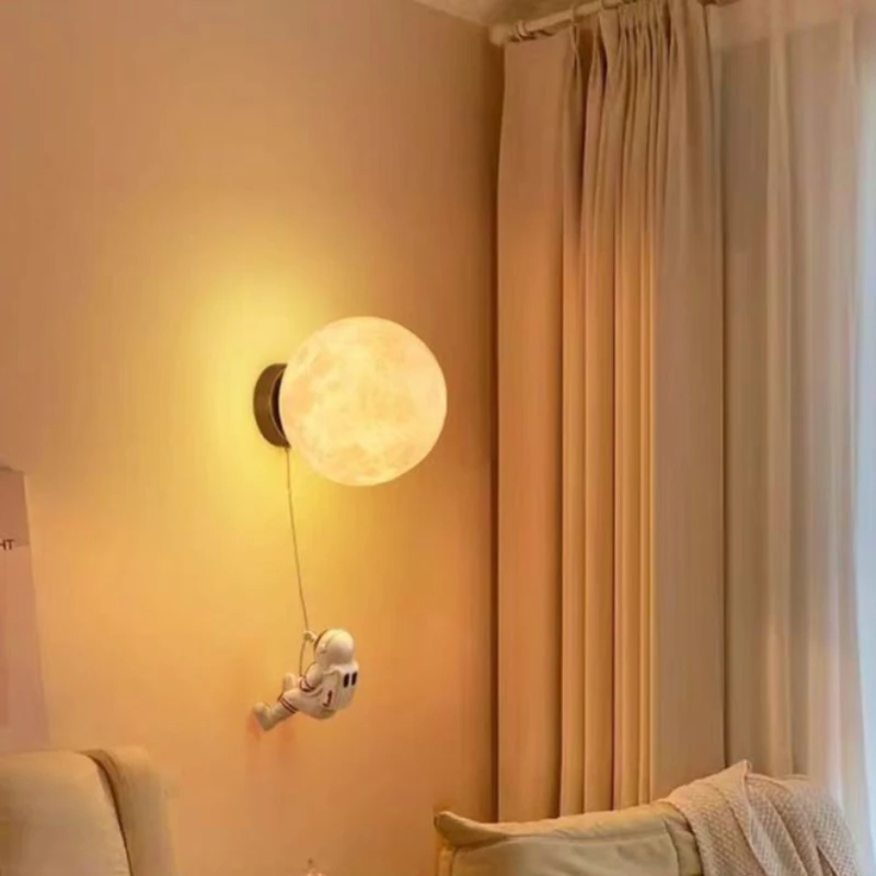 Children's Room Moon Wall Lamp Modern Minimalist Creative Astronaut Lamp Nordic Cartoon Boy Bedroom Bedside Background Light