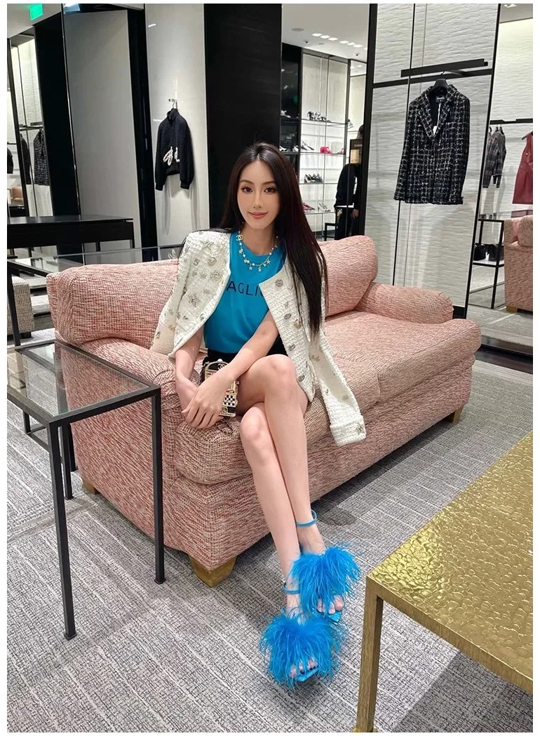 Spring Summer New Star Same Style Women's Blue Feather High Heels Versatile Strap Pointed Thin Heel Sandals