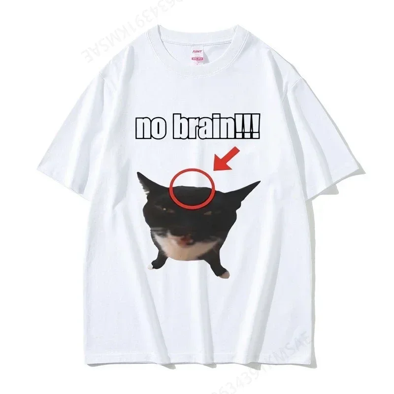 Women Joke Humor Cute T-shirts Casual Tees Short Sleeve Funny Cat No Brain Graphic Print T Shirts Aesthetic Clothes