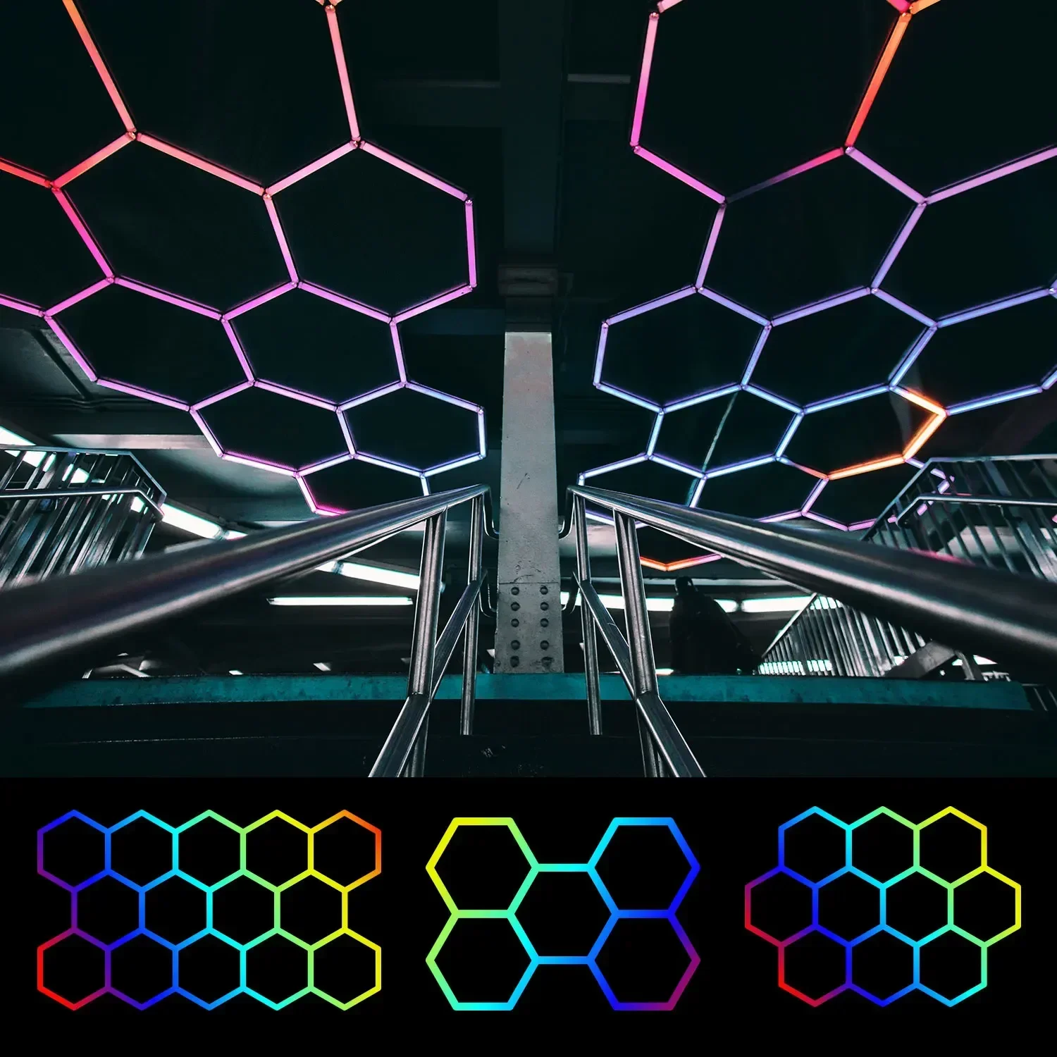 Hexagonal LED ambient light, RGB ceiling, honeycomb shaped detail lighting, car esports 4S store, bar, esports garage studio INS