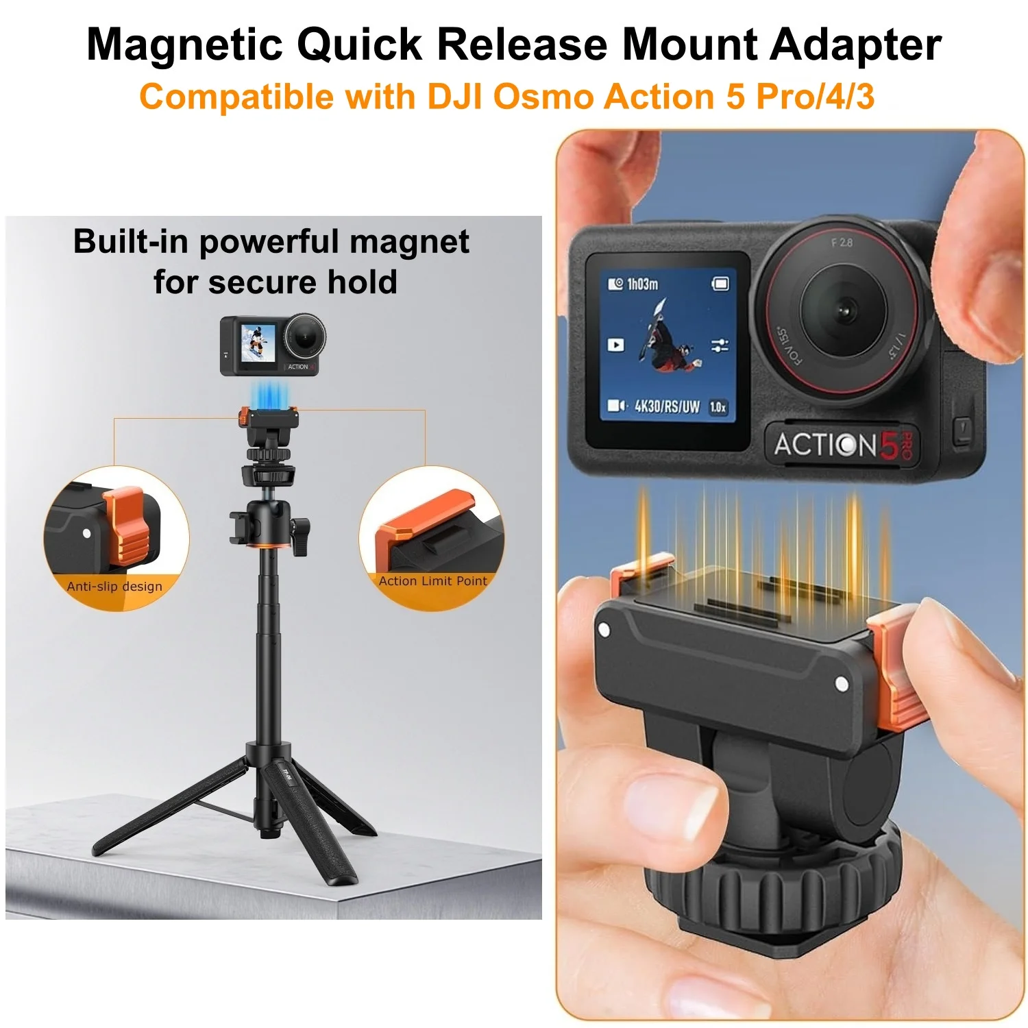 حامل كاميرا الحذاء البارد مع قاعدة توسيع محول التثبيت السريع المغناطيسي 1/4 بوصة لملحقات DJI Osmo Action 5 Pro/4/3 #2
