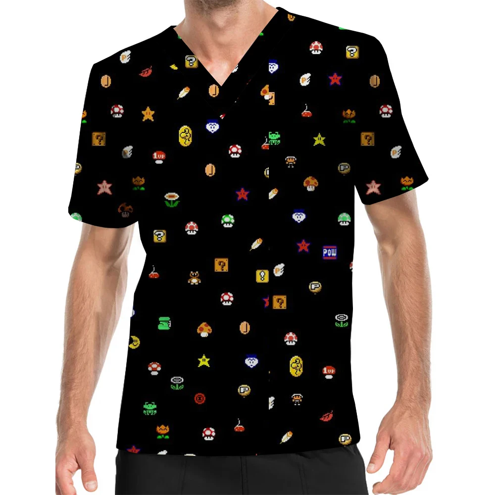 

Men's 2025 New Work Uniform Anime Super Mario Print V-Neck Pocket Frosted T-Shirt Laboratory Barber Shop Pet Shop T-Shirt