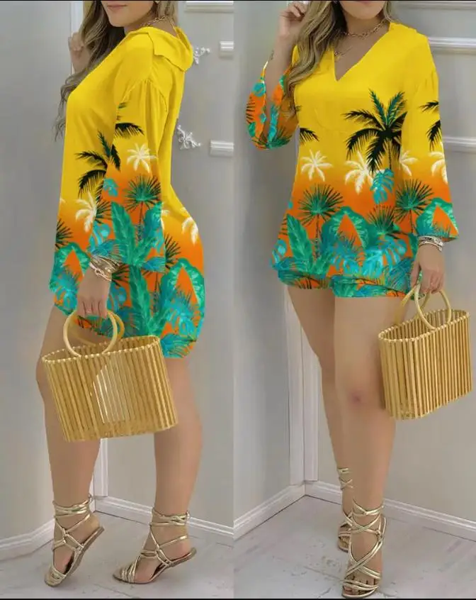 

Two Piece Set Women Outfit 2024 Summer Fashion Tropical Print Bell Sleeve V-Neck Loose Top & Casual Daily Above Knee Shorts Set