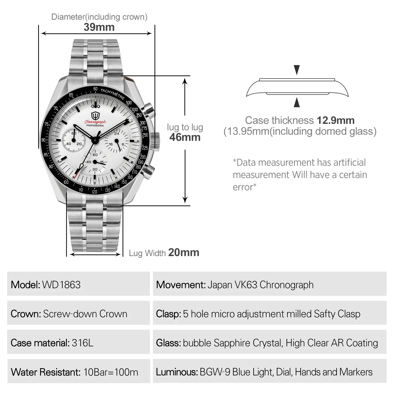 Watchdives WD1863 39mm Watch VK63 Quartz Chronograph Movement