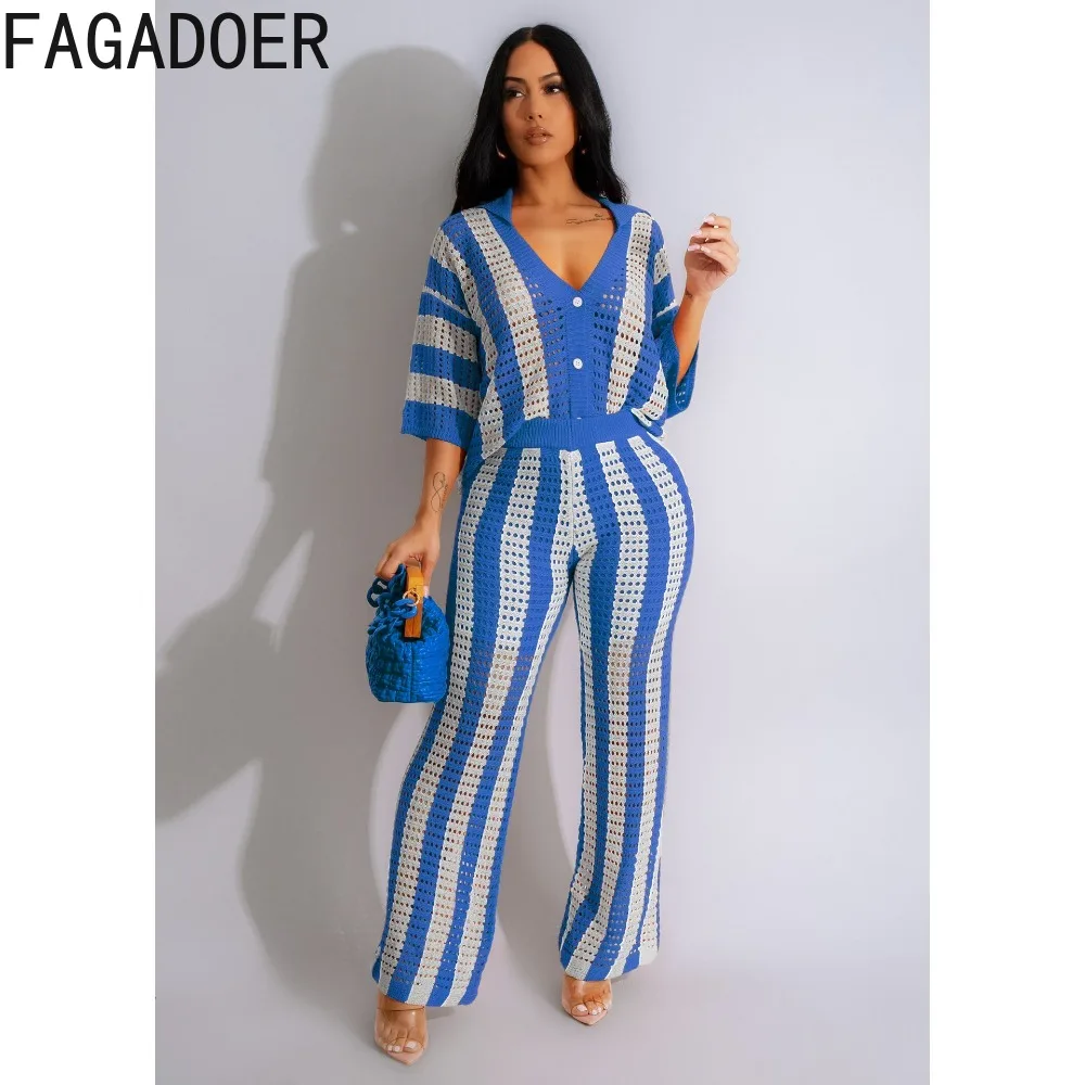 Fagadoer-conjunto de duas peças femininas, top com calça de perna larga, decote em v e botão, manga curta, com estampa às riscas, moda, 2024