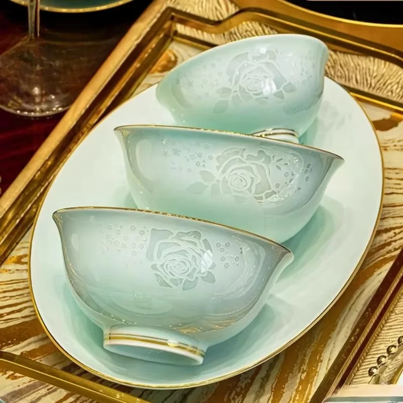 Jingdezhen Celadon Tableware Set Luxury 2025 New Year Gift Box Underglaze Colour Ceramic Bowl Plate Set High-end Household Use