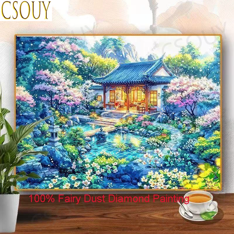 100% Fairy Dust Diamond Painting Scenery Park Square Kit Drill Crystal Cross Stitch Embroidery Mosaic