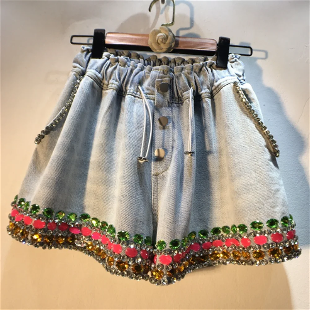 

summer Loosen stretch waist diamond nail bead color high waist wide leg denim shorts