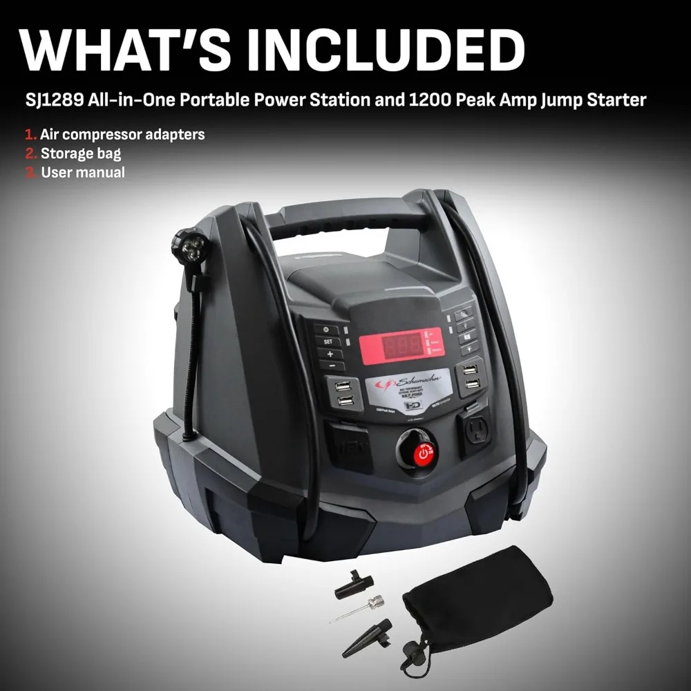 オールインワン ジャンプスターターとポータブル電源、1200ピークアンペア、12V、100PSIエアコンプレッサー