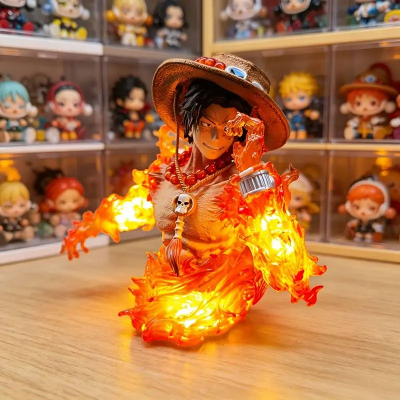 Figura de busto de One Piece Portgas D Ace de 18 cm con luz LED, estatua de resina, modelo coleccionable de anime GK para decoración de hogar, oficina, escritorio, regalo.