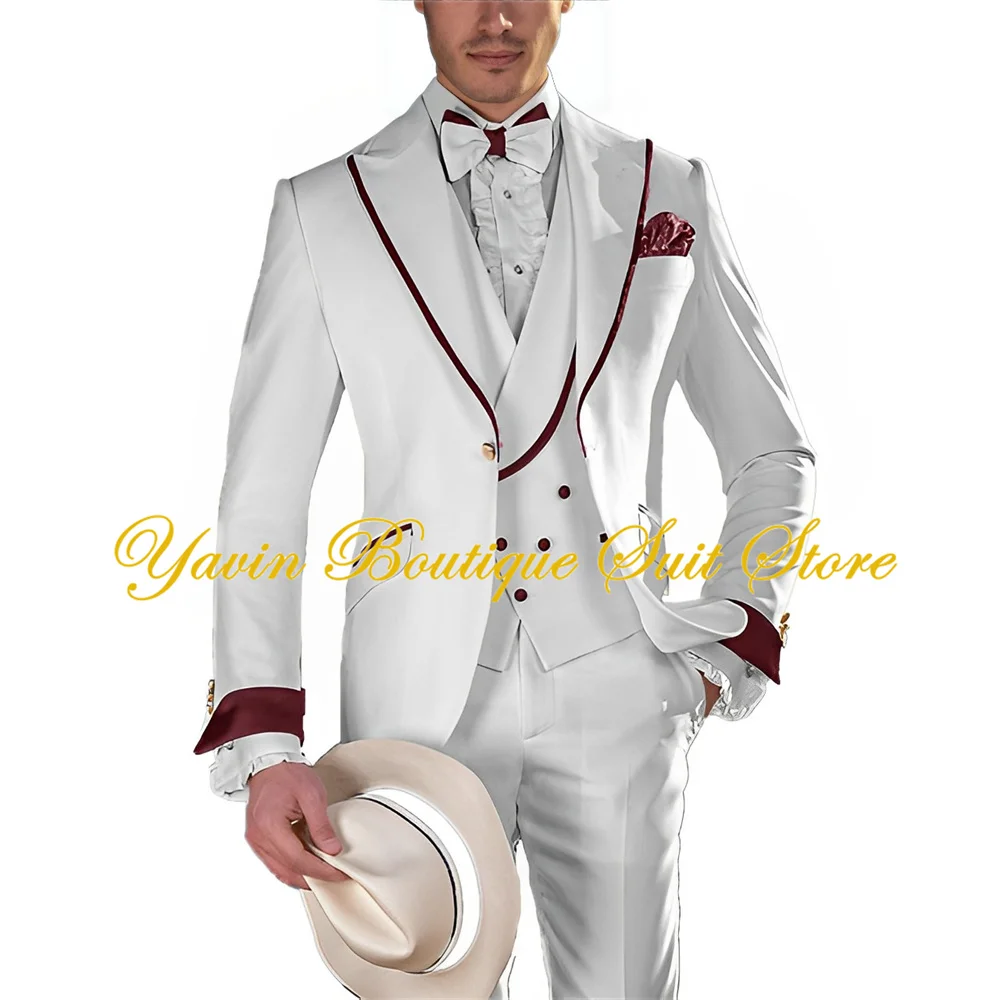 

Wedding Groom Tuxedos Slim Fit Men Suits 3 Pieces Peaked Lapel Jacket Vest Pants Man Prom Dinner Party Blazer