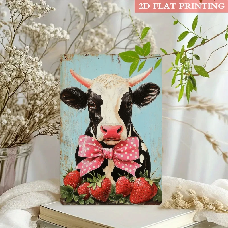 A 2D Metal Sign Featuring a Cow with a Pink Bow And Strawberries, Embodies a Vintage Aesthetic Perfect for Farm-Themed Decor